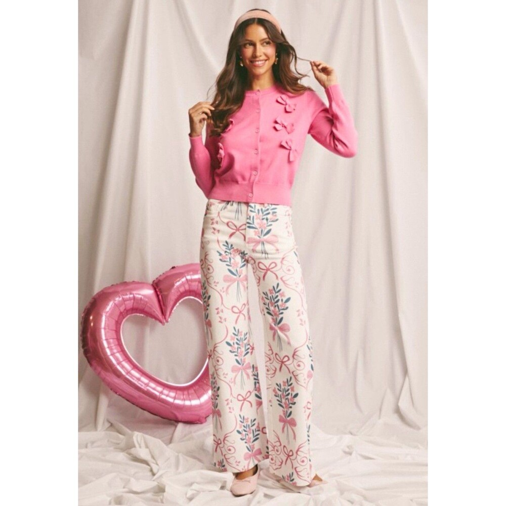 ANNIEWEAR Women's High Rise Wide-Leg Floral Denim Pants Pockets White Pink Blue